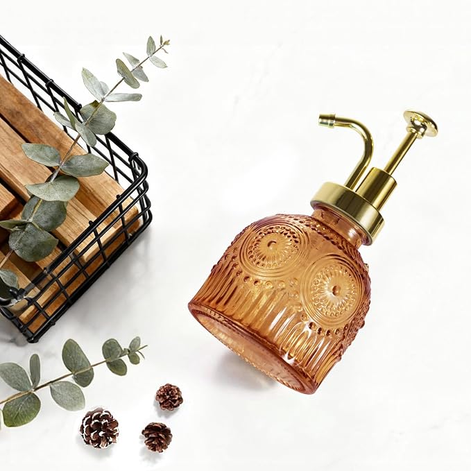 Amolliar 8 Oz Glass Vintage Soap Dispenser Plastic Gold Pump, - Image 3