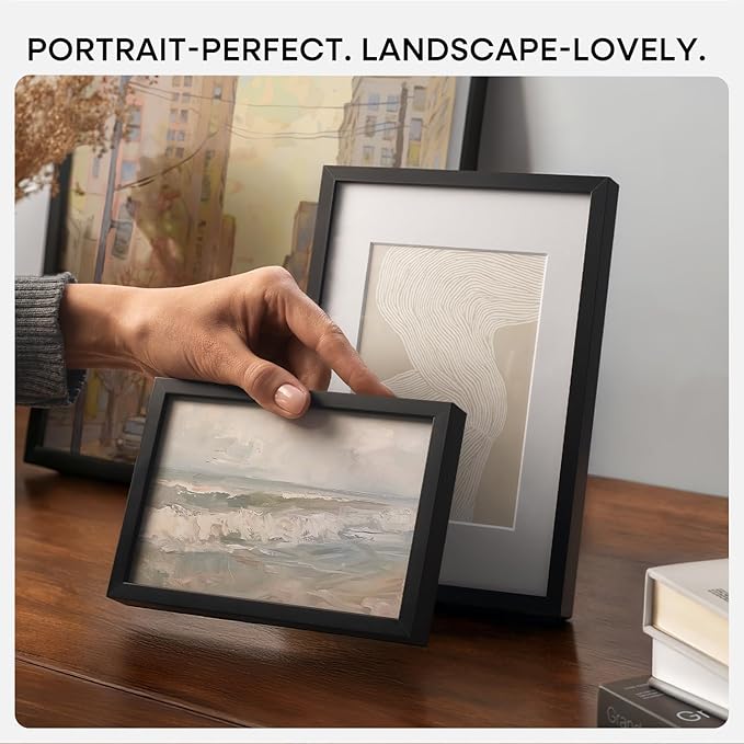 Homeforia 8x8 Black Picture Frame, High End Metal 8 x 8 Square Photo Frames with Mat 6 by 6, 8x8 Poster Frame Matted to 6x6 inch Print, 8by8 Wall or Tabletop Frames, Tempered Glass, Wall Kit, Set of 1