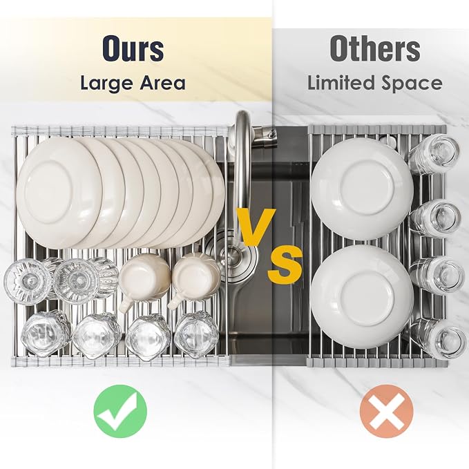 Tomorotec Roll Up Dish Drying Rack Over Sink, 304 Steel, Marble | Anti-Slip - Image 6