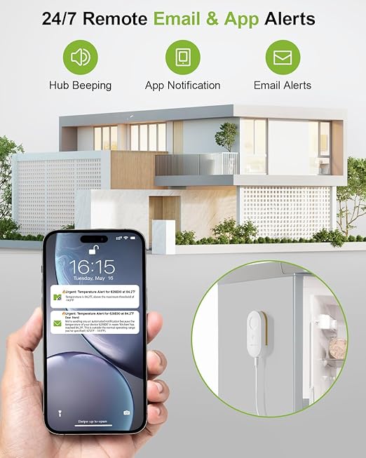 MOCREO WiFi Refrigerator Thermometer, Remote Email & App Alert, 2 Years Data Export, 1 Smart Temperature Sensor Frezzer Alarm with Digital Monitor Hub for Home, Kitchen, Fridge