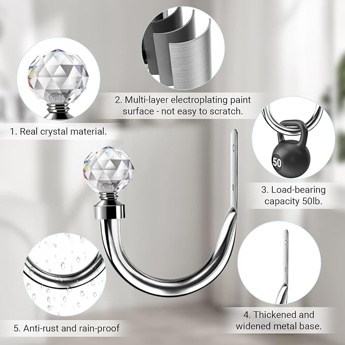 HIKMLK Crystal Curtain Holdbacks 2pcs, Metal Curtain Tieback Pull Back - Image 3