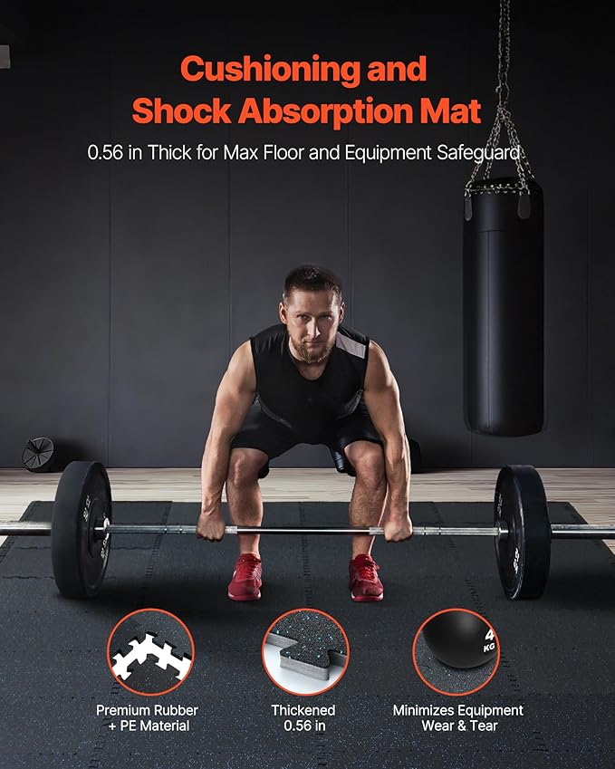 VEVOR 0.56 Inch Thick Gym Floor Tiles, 12 Rubber Top EVA Foam Mats, 24" x 24" Interlocking Puzzle Gym Flooring for Home, Garage, Black & Blue