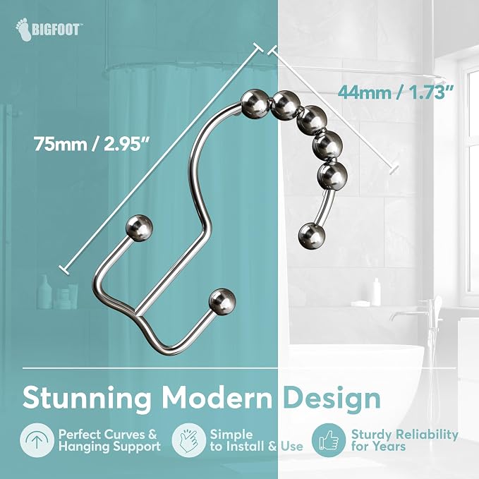 BigFoot Shower Curtain Hooks, Stainless Steel, Rust-Resistant, Easy Install | - Image 3