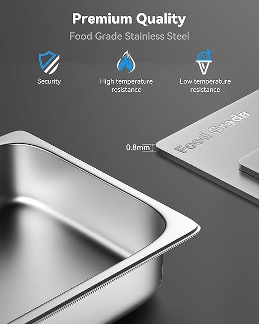 4 Pack Hotel Pans with Lids, 1/2 Size 4" Deep Steam Table Pans, Stainless Steel Food Pans 22 Gauge Anti Jam 12.8" L x 10.4" W Commercial Food Storage Containers