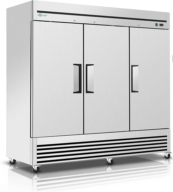 COOLCHEF 81" Commercial Refrigerator 72 Cu.Ft, Stainless Steel 3-Door Reach-in Fridge, 33–40℉, Air Cooling, LED Light, 9 Shelves, R290, ETL