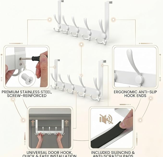 Over The Door Hooks, Coat Rack for Hanging Clothes Hat Towel - Image 4