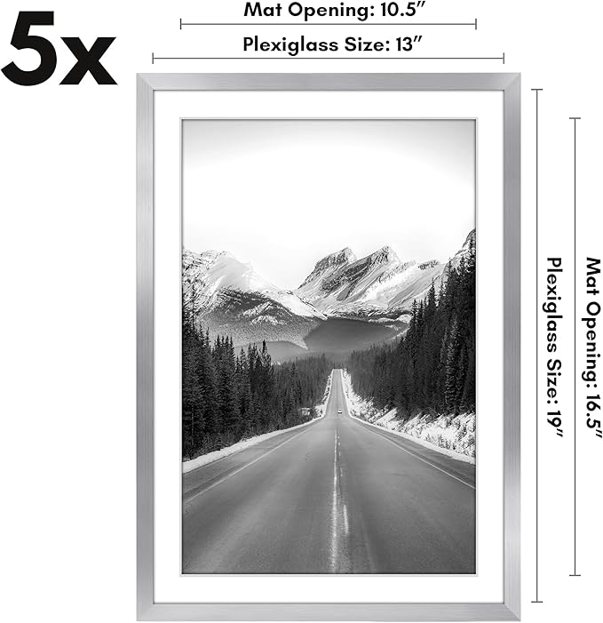 Americanflat 13x19 Picture Frame with Polished Plexiglass - Set of 5 - Use as 11x17 Frame with Mat or Display 13x19 Photo Without Mat - Galleria Collection - Picture Frames for Wall Display - Silver