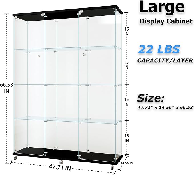 66.5" H 4-Shelf Extra Large Glass Display Cabinet with Double Doors,Modern Floor Standing Curio Cabinet Bookshelf Collection Display Case with Lockable Casters & Lock for Living Room (Black)