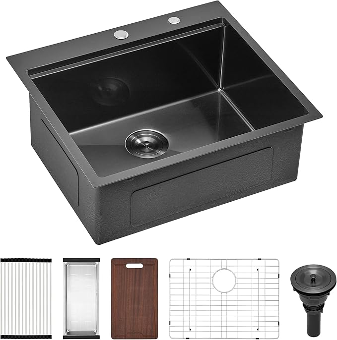 Scamall 25x22x10 Drop In Kitchen Sink Workstation, Nano Black 304 Stainless Steel Deep Single Bowl with Quick Drainage & Tarnish-Free Surface for Bar, Laundry, RV, Includes Accessories