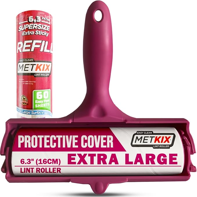 Large Lint Roller 6.3" with Extra Refill -120 Sticky Sheets, Protective Cover by Metkix