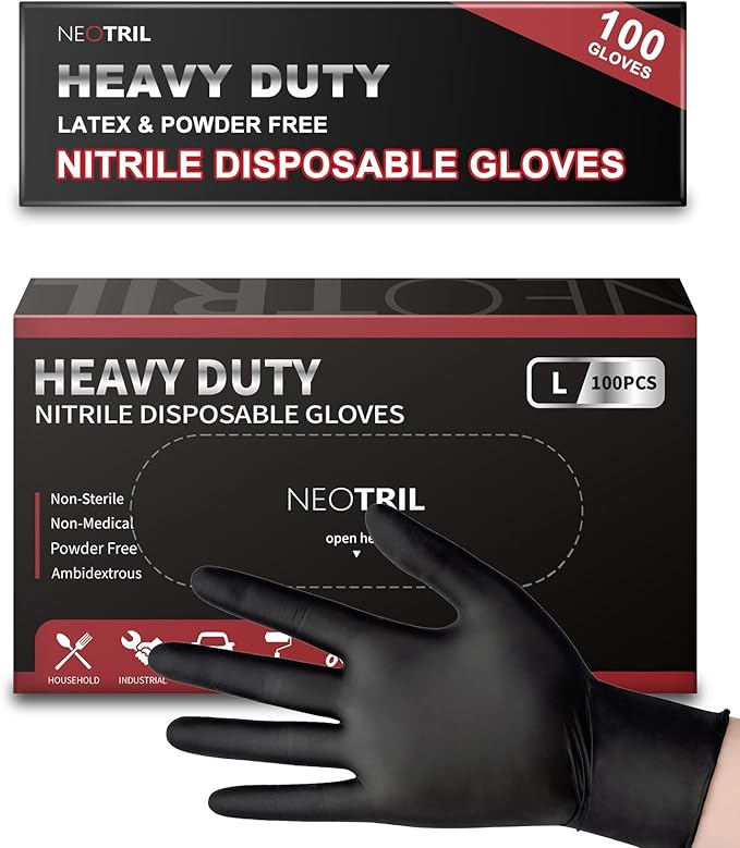 NEOTRIL 6 Mil Heavy Duty Black Nitrile Disposable Gloves, Latex Powder-Free by NEOTRIL