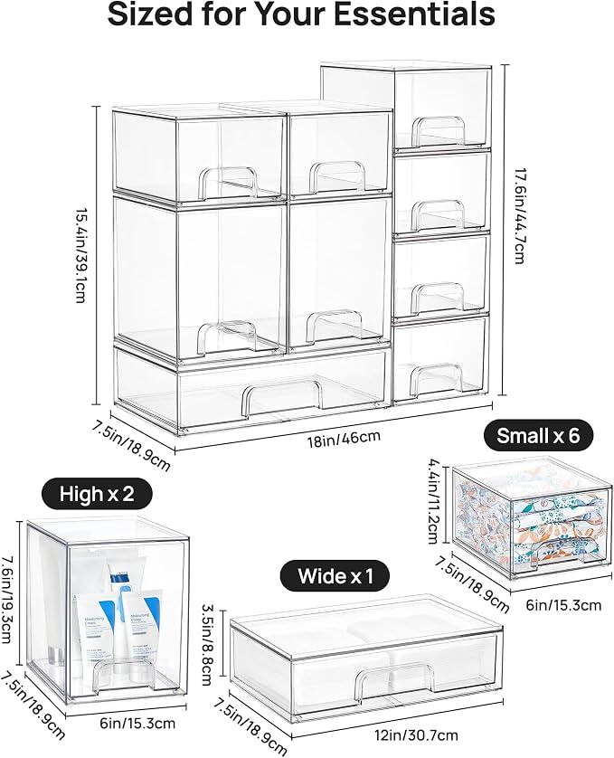 Vtopmart Clear Stackable Storage Drawers Set of 9, Plastic Organizer Bins | - Image 3