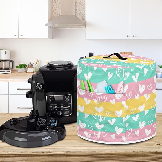 Rainbow Love Heart Print Pressure Cooker Cover 3 Quart Air Fryer Cover Kitchen Appliance Dust Cover Valentine's Day Theme Cover with Pockets for Electric Pressure Cooker