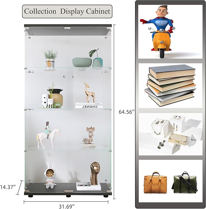 Frameless Glass Display Cabinet, Curio Cabinet Display Case with LED Lights and Lock, 2 Doors Quick-Install Floor Standing Showcase Display Shelf for Collectibles, Legos, Figures, Plants