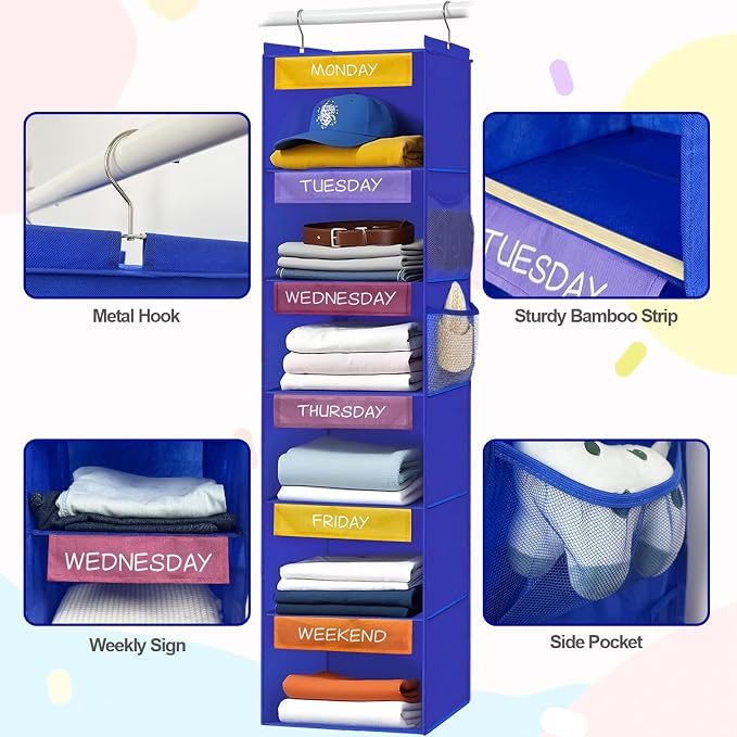 Weekly Clothes Organizer for Kids, 6-Shelf Hanging Closet Organizer - Image 4