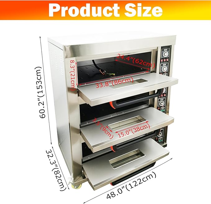 TECHTONGDA Commercial Convection Oven Stainless Steel Electric Triple Deck Pizza Oven with Universal Wheels Three-phase 208V 19800Watt for Restaurant Kitchen Bakery