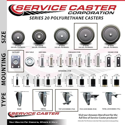 Service Caster Brand Replacement Caster for Uline Caster H-7449SWB-Stainless Steel Swivel Top Plate Caster with 5 Inch Gray Polyurethane Wheel and Top Lock Brake- Fits Carts and Platform Trucks H-6348