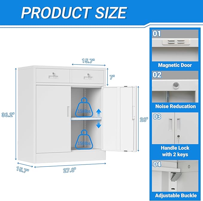 BESFUR Metal Storage Cabinet, Locking Storage Cabinet with Doors and Shelves, White Metal Cabinets with Drawers for Office, Home, Garage