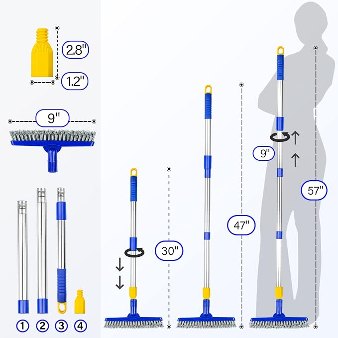 Grout Brush with Long Adjustable Handle, Swivel Scrub Brush, V-Shape Grout Line - Image 3