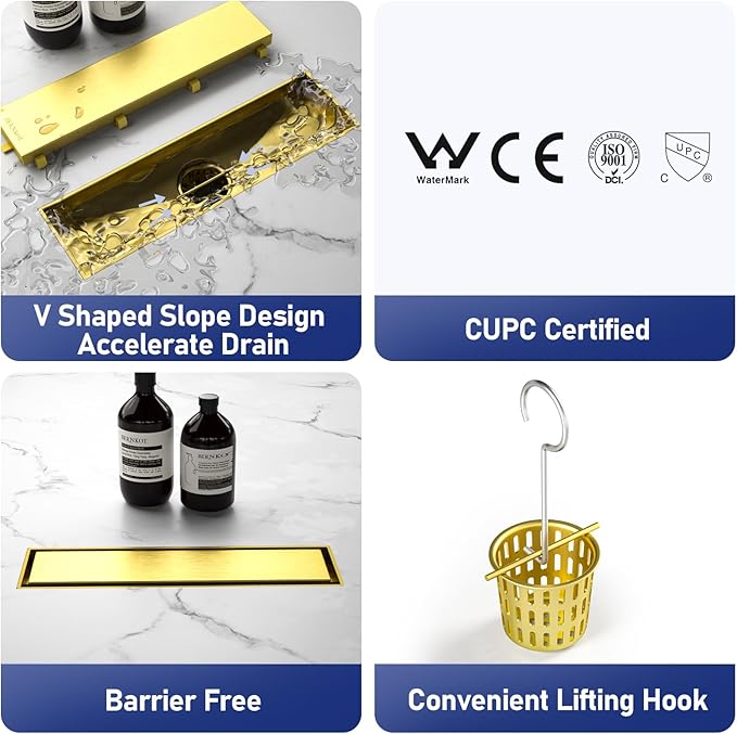 Linear Shower Drain 12", Brushed Gold Floor Drain with Tiled Insert Grate & Hair Strainer, 304 Stainless Steel Bathroom 2-in-1 Tiled in Drain, CUPC Certified (Brushed Gold, 12'')