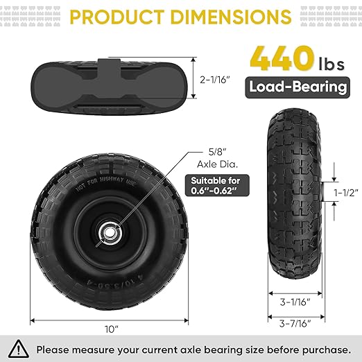 TICONN 10" Solid Tires, 4 Pack Flat Free 4.10/3.50-4'' Wheels with 5/8” Axle Bore Hole and Double Sealed Bearings (Black, 4PK)