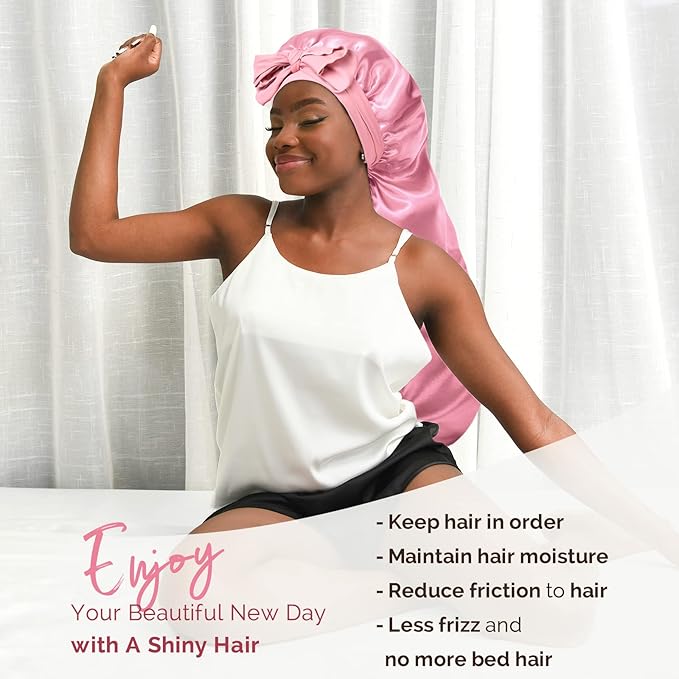 YANIBEST Long Bonnet Satin Bonnet for Sleeping Braid Bonnet with Tie Band Silk Sleep Bonnet for Women Locs Blush Pink
