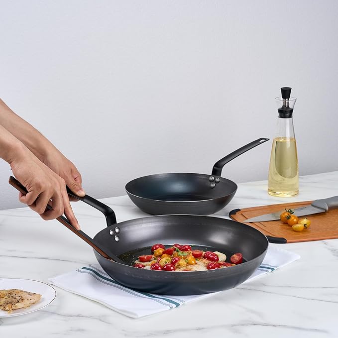 Restaurantware-Met Lux 14 Inch Fry Pans, 6 Lightweight Frying Pans - Induction-Ready, Triple-Riveted, Black Carbon Steel Cooking Skillets, Durable, For Searing, Sauteing, And Browning Food