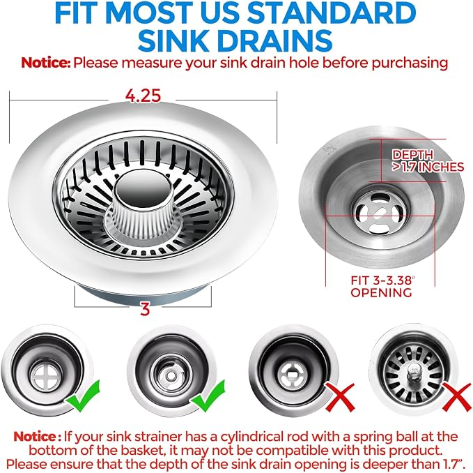 zaa 3 in 1 Kitchen Sink Drain Strainer Stopper Removable Basket Pop-Up - Image 7