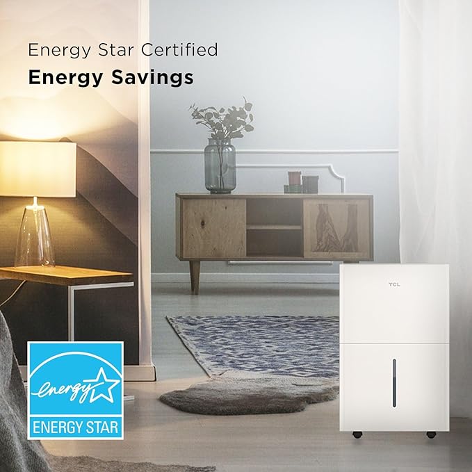 TCL 4,500 Sq. Ft. Smart Dehumidifier, Energy Star, 50 Pints Per Day, Moisture & Humidity Absorber for Bedroom, Bathroom, Basement & Other Rooms, Works with Alexa/Google Assistant