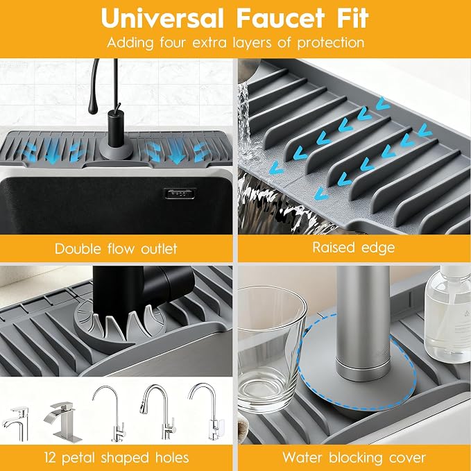 24" Silicone Faucet Mat for Kitchen Sink of The Lastest, Dark Grey | 8° Slope - Image 7