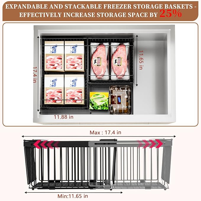 Large Freezer Organizer Bins，Upgraded Bottom Leak-Proof net，Fit 10 to 20 Cu.Ft Deep Freezer，2 Pack， Expandable Stackable Chest Freezer Organizer Bins , for Fridge, Deep Freezer, Cabinet