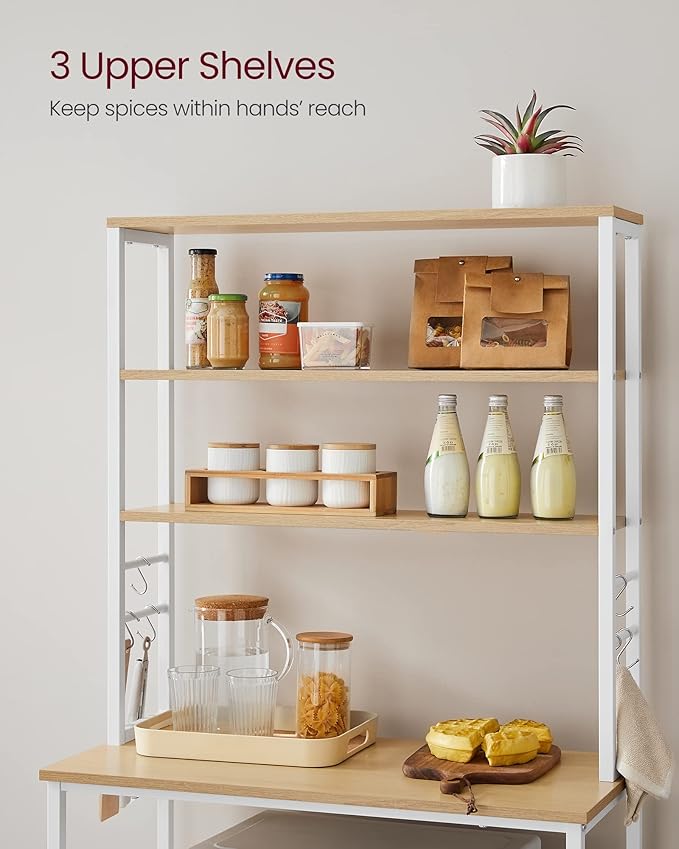 VASAGLE Coffee Bar, 31.5 Inches Baker's Rack for Kitchen with Storage, 6-Tier Kitchen Shelves with 6 Hooks, Microwave Stand, Modern, Golden Oak and Cloud White UKKS019W09