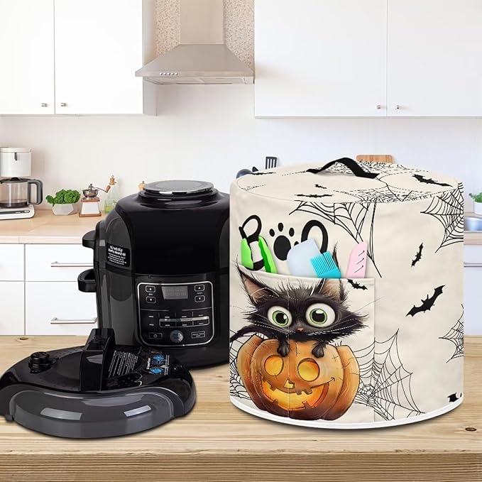Kitchen Appliance Dust Cover for Portable Air Fryer Round Protective Bag with Top Handle and Storage Pocket 8 Quart Pressure Cooker Cover Halloween Cute Black Cat