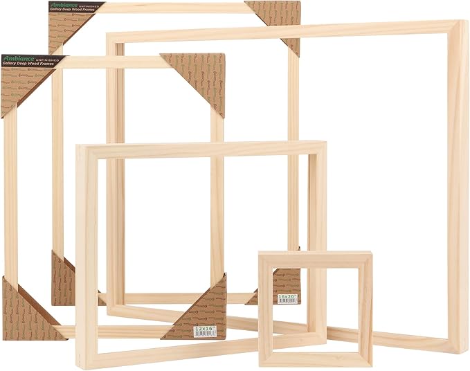 Creative Mark Ambiance Unfinished Deep Gallery Frame, 5x5" Open Back Natural Wood Frames for Canvas and Mounted Artwork, 3/4" Face, 1-1/4" Deep, No Glass or Backing