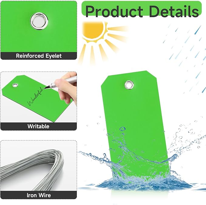 XUWAIDSGN 200 Pieces 4 3/4" x 2 3/8" Green Plastic Shipping Tags with Wire - Durable, Waterproof, Writable for Inventory, Luggage, Garage, Parts