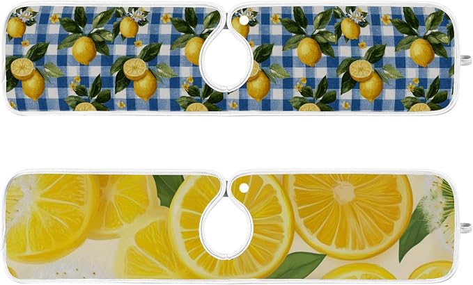 Blue Gingham Summer Lemons Yellow Dandelions Sink Mat by Tatenale
