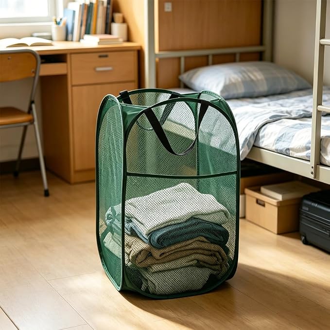 Larpur Pop Up Laundry Hamper Collapsible Mesh Clothes Basket, Dark Green - Image 5