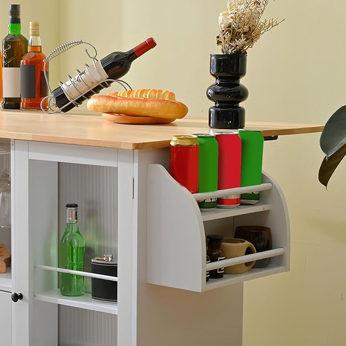 White Kitchen Cart with Storage, Drop Leaf Kitchen Island on Wheels, Mobile Rolling Cart with Drawers & Shelves for Small Spaces, Farmhouse Kitchen Cart with Butcher Block Top