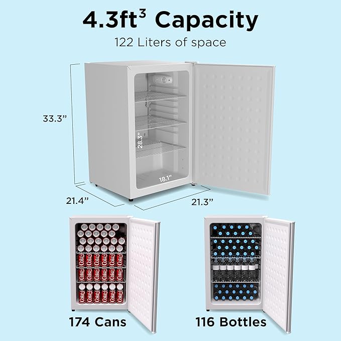 Premium Undercounter/Freestanding Beverage Cooler & Mini Fridge 4.3 Cu.ft./122L with Reversible Solid Doors, Compact Refrigerator for Home, Restaurants, Commercial