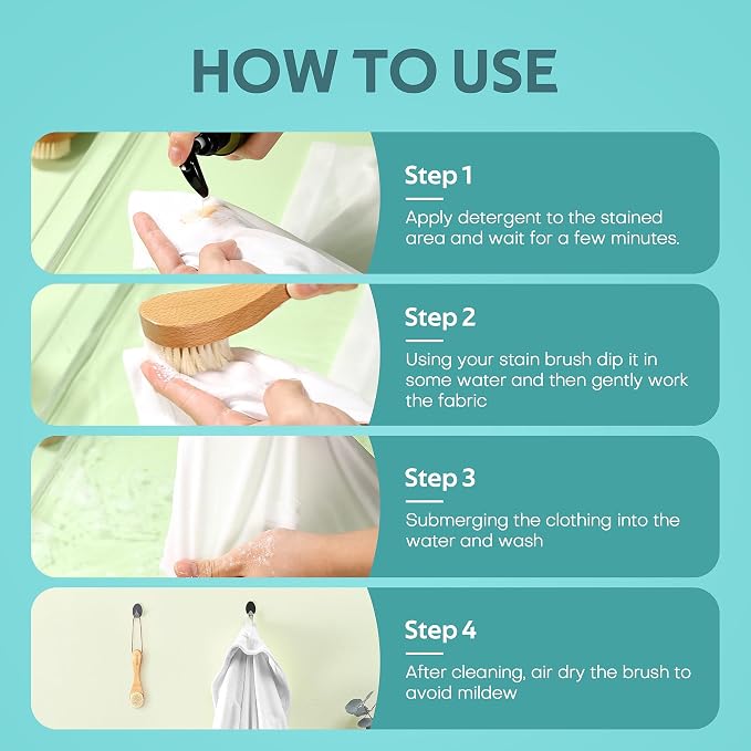 Laundry Stain Brush, Natural Soft Boar Bristles, Removes Tough Stains from - Image 5