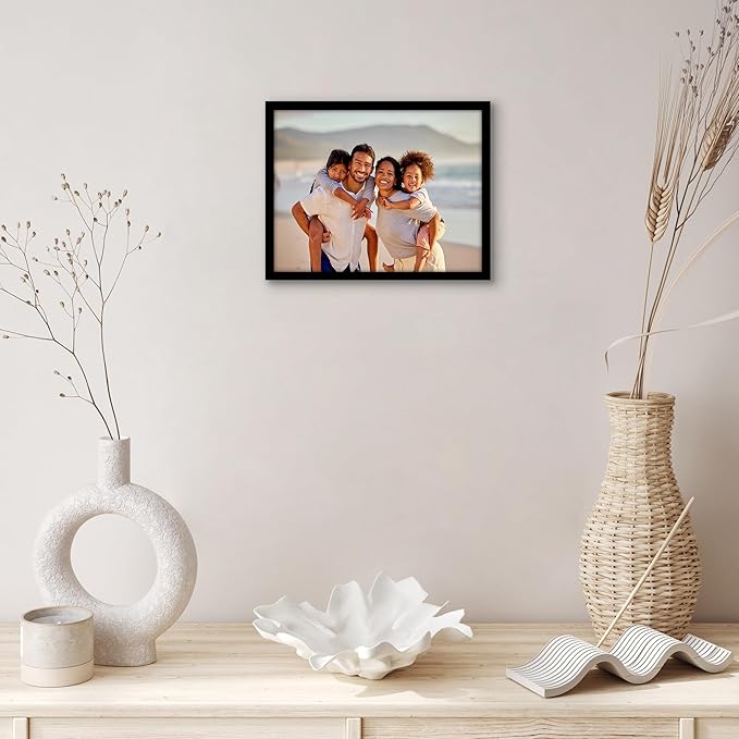 Americanflat 7x9 Picture Frame with Shatter-Resistant Glass - Streamline Collection - Thin Border Photo Frame for Tabletop and Wall Display - Hanging Hardware and Easel Stand Included - Black