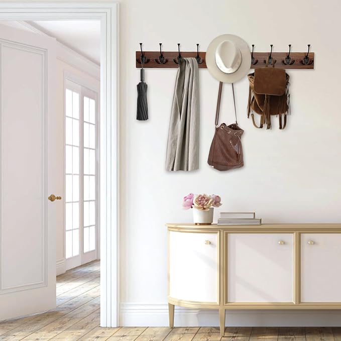 IBosins Brown Wood Wall Mounted Coat Rack, Rustic Coat Hooks Rail - Image 7