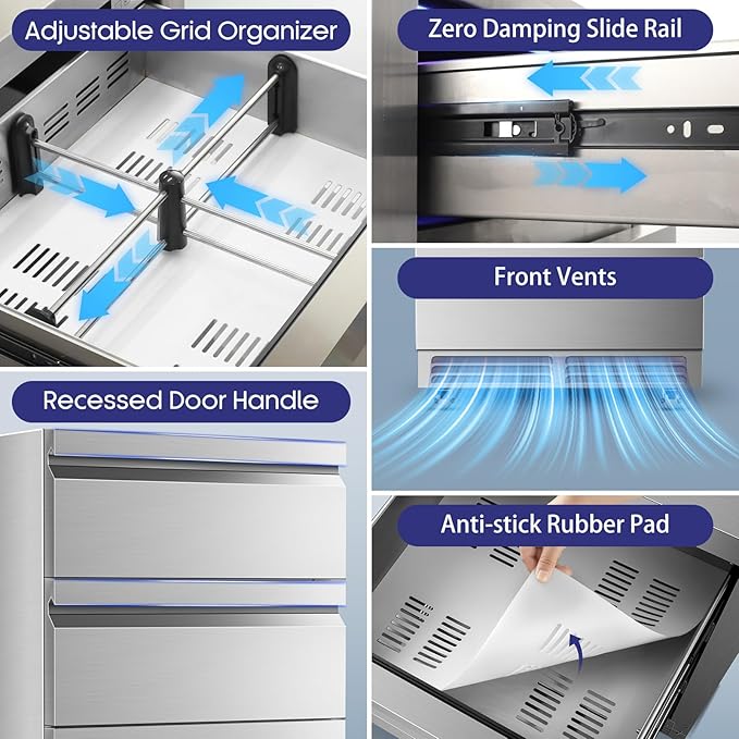 Tylza 3 Drawers Beverage Refrigerator, 190 Cans 24'' Beverage Fridge with Wheels, Outdoor Waterproof, All Stainless Steel Body, Undercounter or Freestanding, Drink Fridge for Home, Patio & Commercial