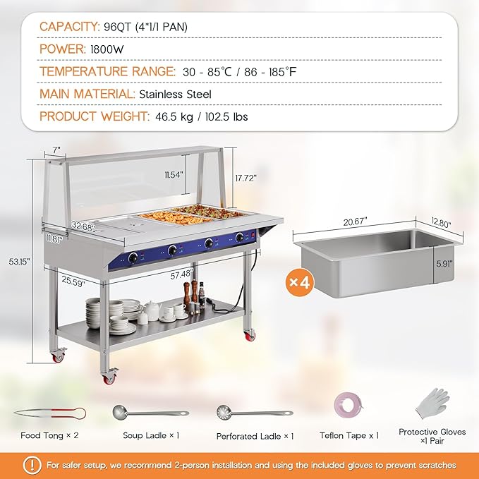 Jocisland 4-Pan 96QT Commercial Food Warmer, 1800W Stainless Steel Buffet Server with Independent Temp Controls, Acrylic Shield, Undershelf, Wheels, Food Tongs, 110V