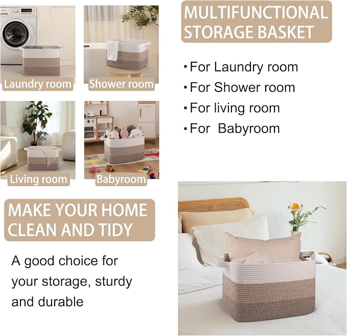 OIAHOMY Woven Blanket Basket Laundry Basket Dog Toy Basket Gradient Brown - Image 4