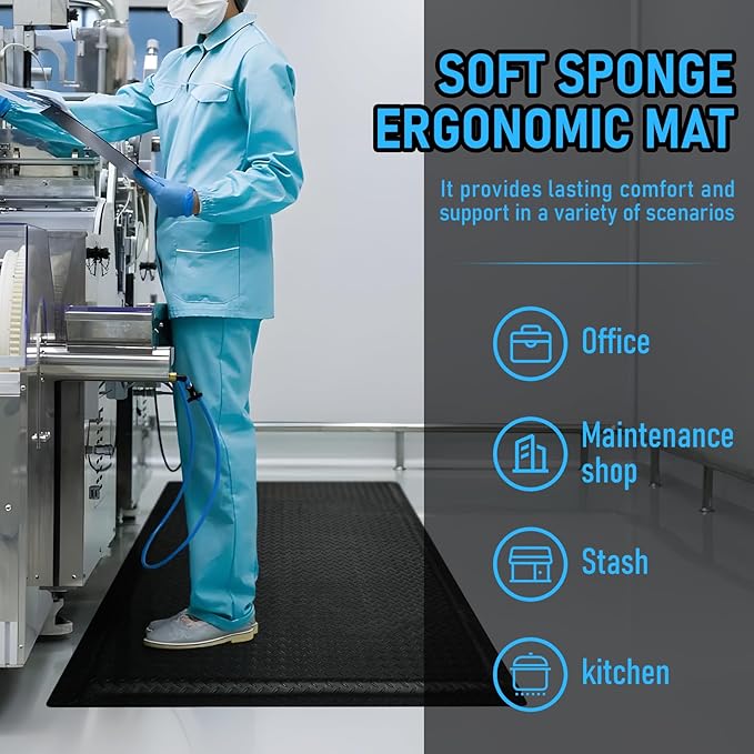 3 x 7 FT Anti Fatigue Mats Industrial 15/16 Inch Thick Soft Sponge Ergonomic Mat Durable Heavy Duty Diamond Plate for Standing Non Slip Industrial Grade Floor Mat for Leg & Back Pain Black