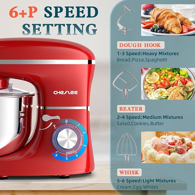 CHeflee Stand Mixer,660W 6+P With 6.5QT Stainless Steel Bowl,Dough Hook, Wire Whip & Beater,for Most Home Cooks (Red)