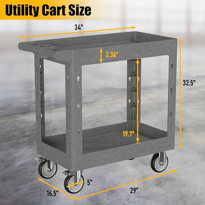 2-Shelf Heavy Duty Utility Cart with Wheels, 34 x 17-Inch Plastic Rolling Tool Cart, 550 lbs Capacity Mechanic Work Cart for Garage,Warehouse,Workshop