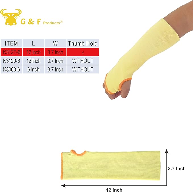 G & F PRODUCTS 100% Kevlar fiber by DuPont Cut Resistant Knit Sleeve, Sold by 6-piece pack
