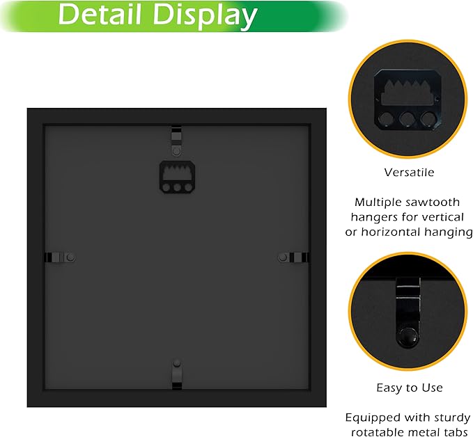 FrameWorks 8” x 8” Black Wooden Shadow Box Frame – Display Case with Soft Felt Back, Memory Box with Tempered Glass, Display Box with Elegant White Ball Push Pins, Wooden Flower Box
